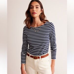 Boden Striped Pullover Boatneck Top White & Navy Blue Size 10